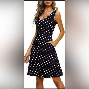EUC Huhot Women’s Black and White Polka Dot Sleeveless V Neck Midi Dress Size L